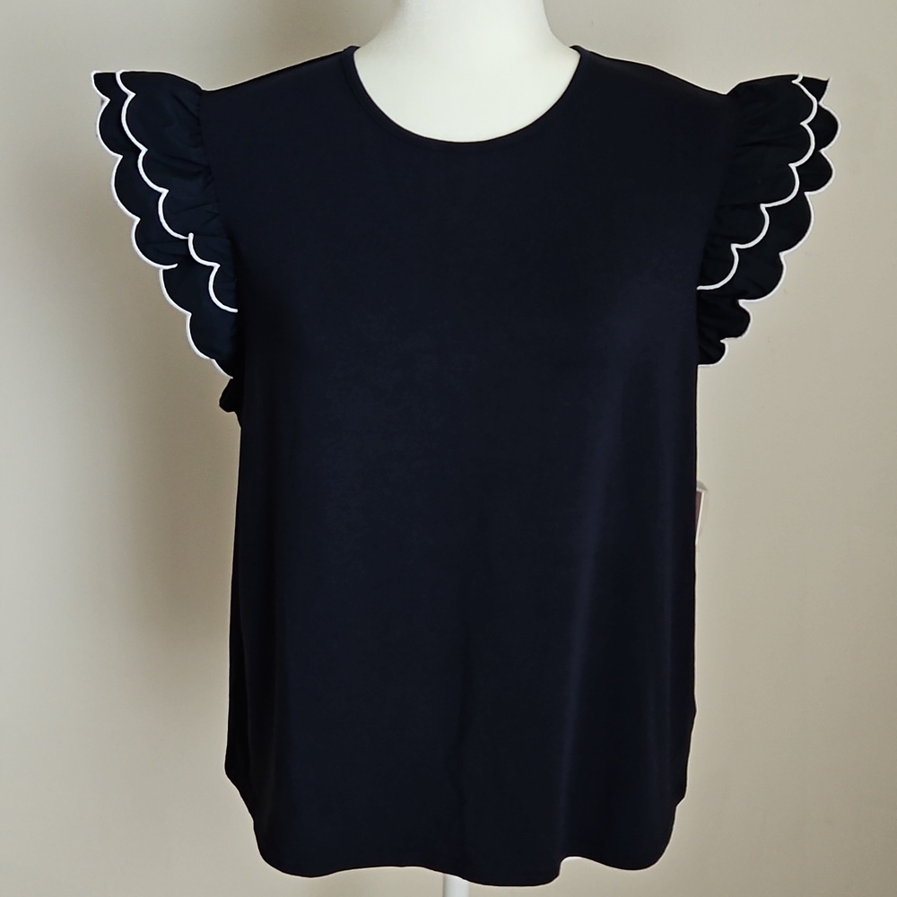 Nanette Lepore NWT L Navy Tiered Embroidered Flutter Sleeve Top Soft Feminine
